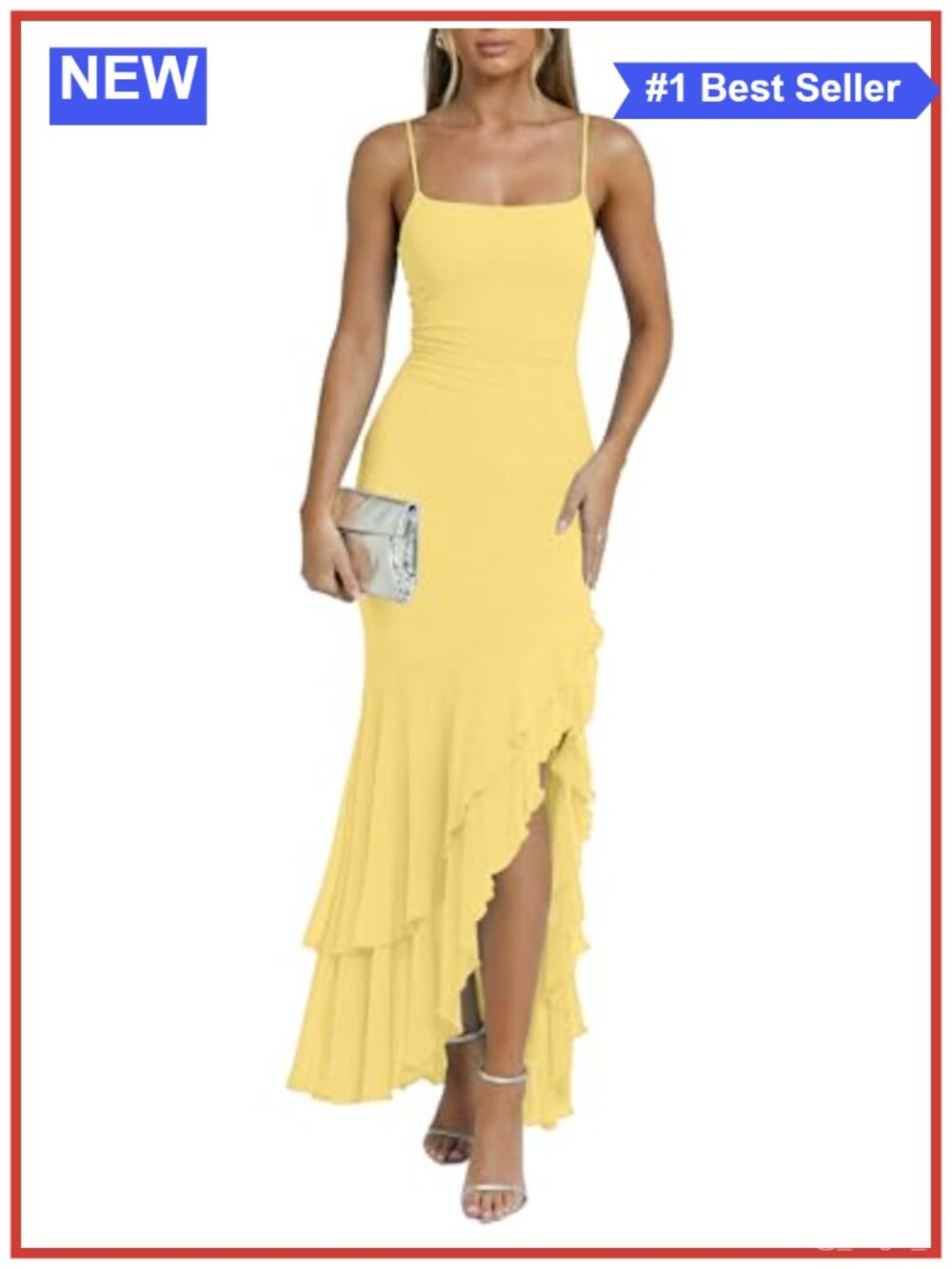 Elegant Ruffle Formal Wedding Guest Maxi Dress Adjustable Spaghetti Strap